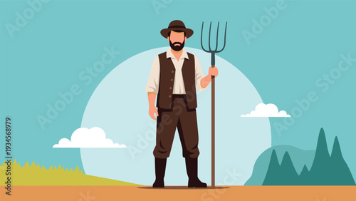 Bearded farmer wearing a hat and vest standing in a rural field while holding a traditional metal pitchfork tool.