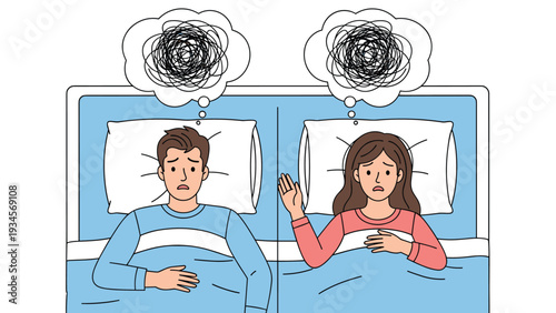 Stressed couple lying in bed at night having difficulty sleeping with messy thought bubbles representing anxiety and insomnia problems.