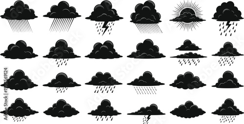 Rain cloud icons, weather forecast symbols, storm lightning illustration, drizzle and heavy rain set, meteorology graphic pack, climate concept, black vector, minimal design