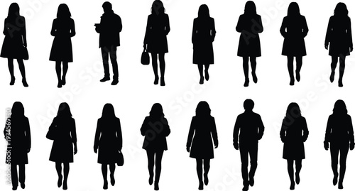 Collection of black silhouettes of people walking in various business casual poses and outfits