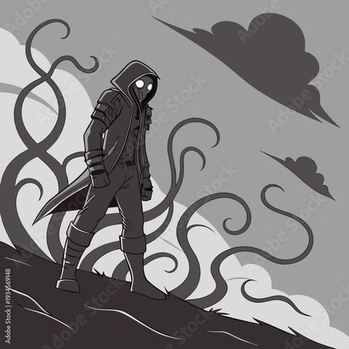Mysterious character with gas mask and trench coat walks through a surreal landscape with dark, swirling tendrils.