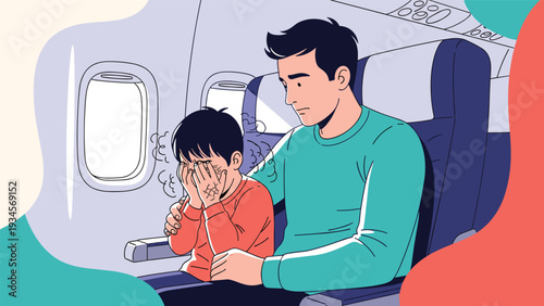 Caring father comforting his young crying son during flight inside airplane cabin with passenger seats and windows in the background.