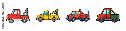 Four colorful tow trucks in different designs vector illustration