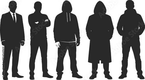 Five black silhouettes of men in different casual and formal clothing standing on white background