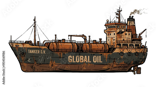 Rusty oil tanker ship, global oil transportation illustration