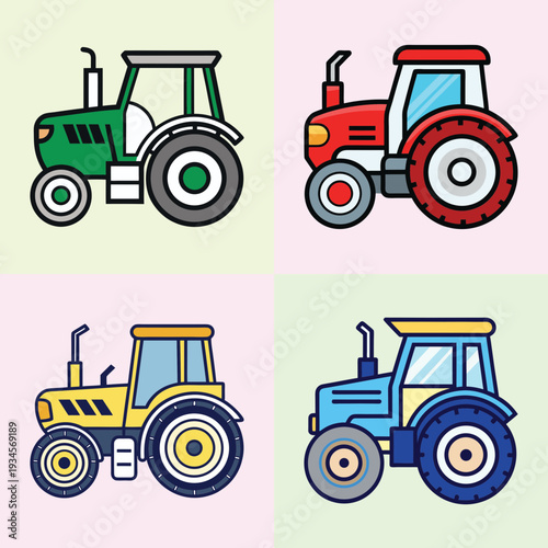 Four colorful tractors vector illustration, flat design, farming vehicles