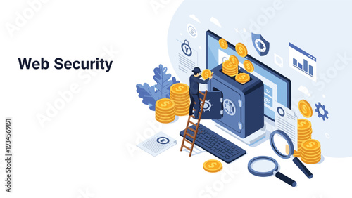 Web security concept illustration showing tiny thief character trying to steal coins from safe built into computer monitor display.