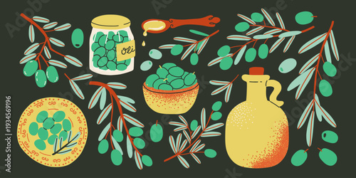 Flat set of olives on a branch, plate with olives, olives in a jar, olive oil, branches with plant leaves. Hand drawn doodle line illustration.