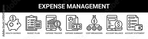 Expense Management web banner icon vector illustration concept with icons of health savings, budget plan, expense tracker, expense summary, cost breakdown, account balance, and account statement.