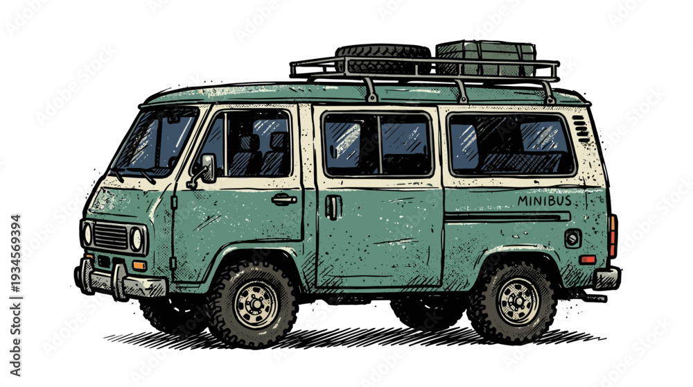 Obraz premium Vintage Camper Van Illustration - Retro Travel Vehicle with Roof Rack and Tires