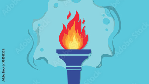 Iconic blue olympic style torch with vibrant orange and red flames burning against light blue background with abstract cloud shapes.