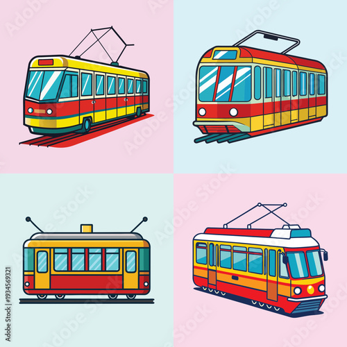 Colorful tram vector illustration set, flat design, transportation icons