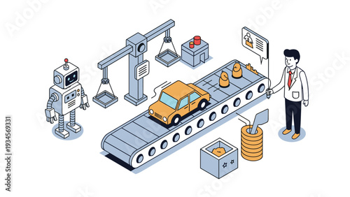 Automated automotive manufacturing factory showing robotic arm, conveyor belt with car, and male supervisor with digital tablet device.