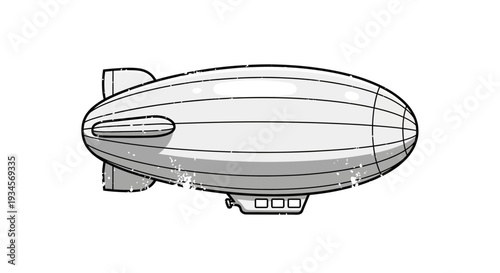 Vintage airship illustration, retro blimp cartoon with grunge texture.