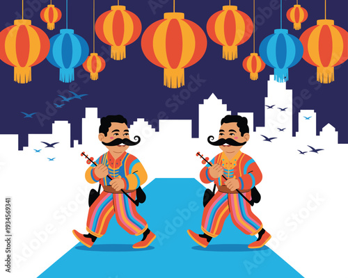 Two performers in vibrant traditional costumes walk side by side under lanterns.