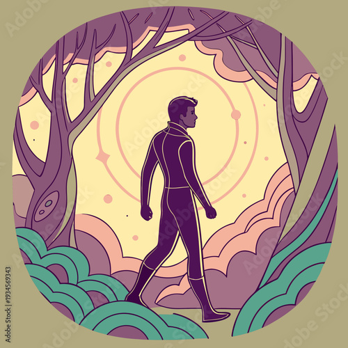 Man in sleek suit walking through stylized forest, surreal landscape with abstract trees and celestial elements, journey and self-discovery.