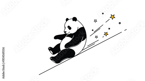 Playful panda bear character sliding down a steep snowy slope under starry night sky with bright yellow stars in background scenery.