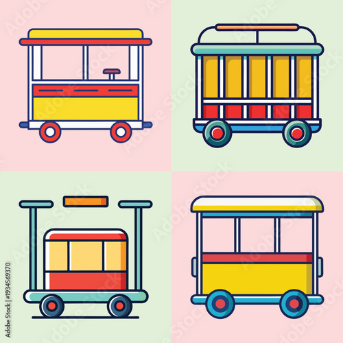 Colorful trolley cart vector illustration set, flat design shopping carts