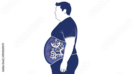 Symbolic silhouette of overweight man with mechanical gears inside his stomach representing metabolism, health, and digestion process.
