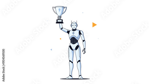 Futuristic humanoid robot standing proudly and holding up a silver trophy cup in celebration of success and technological advancement.