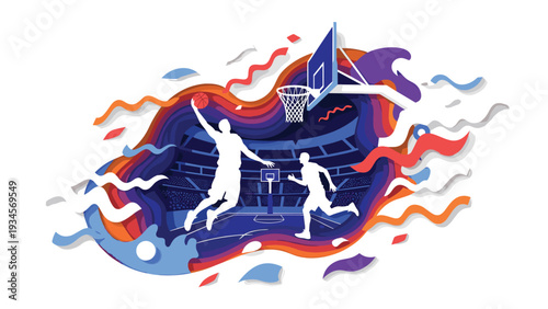 Artistic paper cut style illustration of basketball players in action on court within vibrant multi-layered colorful stadium background.