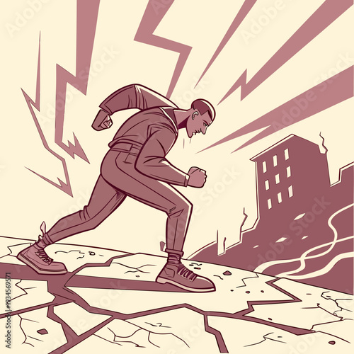 Determined man clenching fist on cracked ground with lightning background, symbolizing power, struggle, and overcoming adversity.