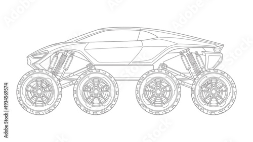 Futuristic Off-Road Vehicle: A sleek, avant-garde six-wheeled vehicle, designed for rugged terrain, represents the future of transport and exploration.