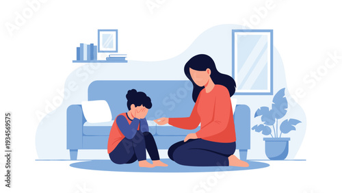 Empathetic mother kneeling on floor and comforting her crying daughter in a cozy living room setting with sofa and green plants.