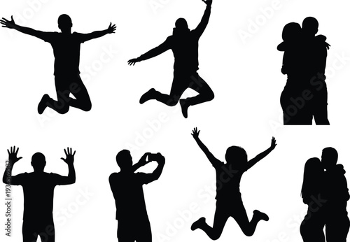 Set of black silhouette people jumping and embracing each other in various poses