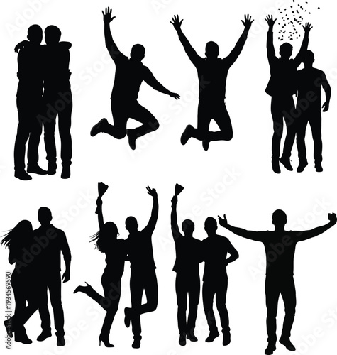 Silhouettes of people in various joyful poses and celebrations together outdoors