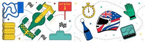 A colorful vector graphic illustration of racing icons and symbols on a white background