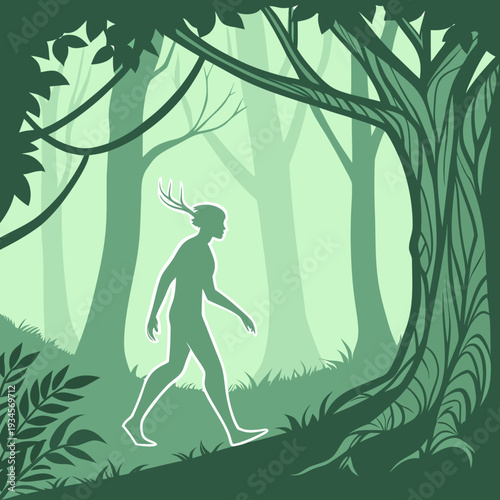 Mysterious forest spirit with antlers walking through a sun-dappled, dense green woodland.