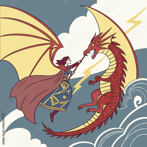 Heroic woman battling a fierce dragon with lightning and waves, epic fantasy confrontation.