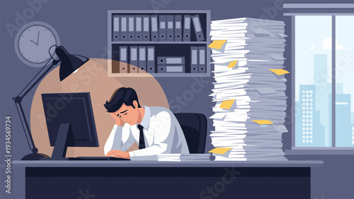 Stressed office worker sitting at his desk late at night with a massive stack of paperwork and documents under a single desk lamp.