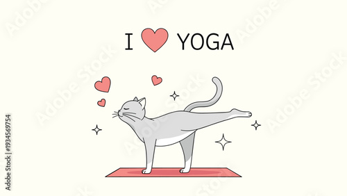 Cute grey cat practicing yoga on a red mat with hearts and stars on a cream background with I Love Yoga text and sparkly stars.