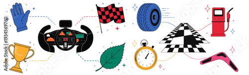 A colorful vector graphic illustration of various racing and speed related icons and symbols on a white background