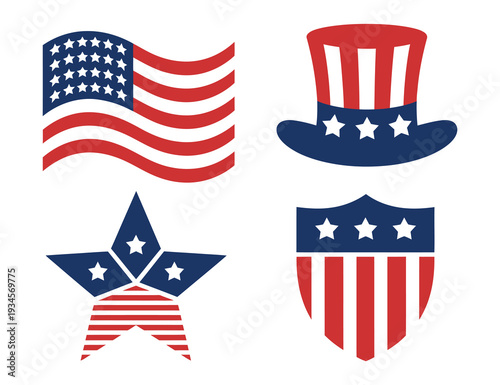 USA patriotic icon set with American flag, Uncle Sam hat, star, and shield symbols, vintage vector illustration for Independence Day, 4th of July, Memorial Day, and national celebration projects.