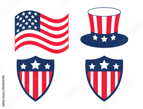 USA patriotic icon set featuring American flag, Uncle Sam hat, star, and shield symbols, vintage vector graphic for 4th of July, Independence Day, Memorial Day, and national celebration design project