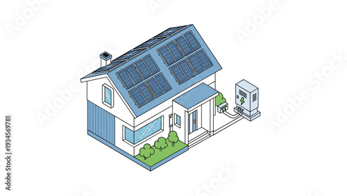 Modern house with solar panels on the roof and an external battery storage system illustrating clean energy and sustainability concepts.