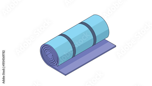 Single blue rolled up yoga or exercise mat with dark straps for easy carrying on a plain white background for sports and health theme.