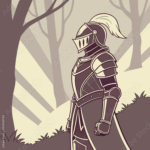Medieval knight in full armor stands solemnly in a sunlit forest, representing chivalry and mystery.
