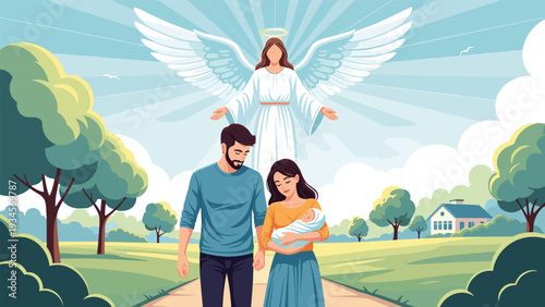 Happy family with baby walking through a park towards a bright house with a large protective angel watching over them from above.