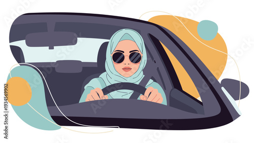 Confident woman wearing a light blue hijab and sunglasses focuses on the road while driving her modern car through the city.