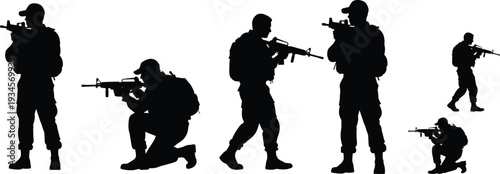 Military soldier silhouettes collection, armed army forces with rifles in tactical action poses isolated flat vector illustration set