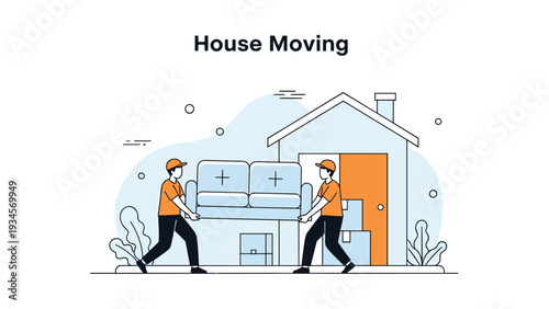 Two professional movers in orange uniforms carefully carry a large blue sofa during a residential relocation service.