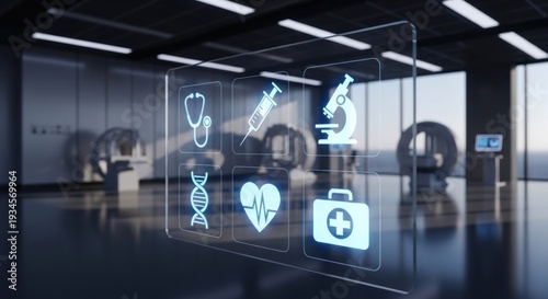 Transparent panel displays medical symbols over a blurred MRI room, futuristic hospital concept