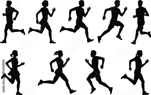Running people silhouette set in dynamic sprint poses isolated on white background representing fitness sport speed motion concept