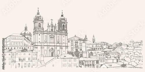 Detailed sketch of a baroque church and surrounding cityscape