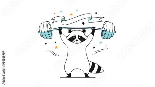 Strong cartoon raccoon successfully lifts a heavy barbell above its head celebrating with a winners banner.