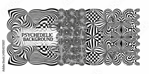 Optical illusion patterns in black and white create a psychedelic background